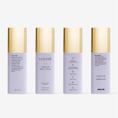 LUJANÉ Advanced Repair Serum in a premium lavender bottle; a hydration-boosting snail mucin and peptide serum formulated to visibly refine skin texture, fade dark spots, and restore glass-skin radiance.