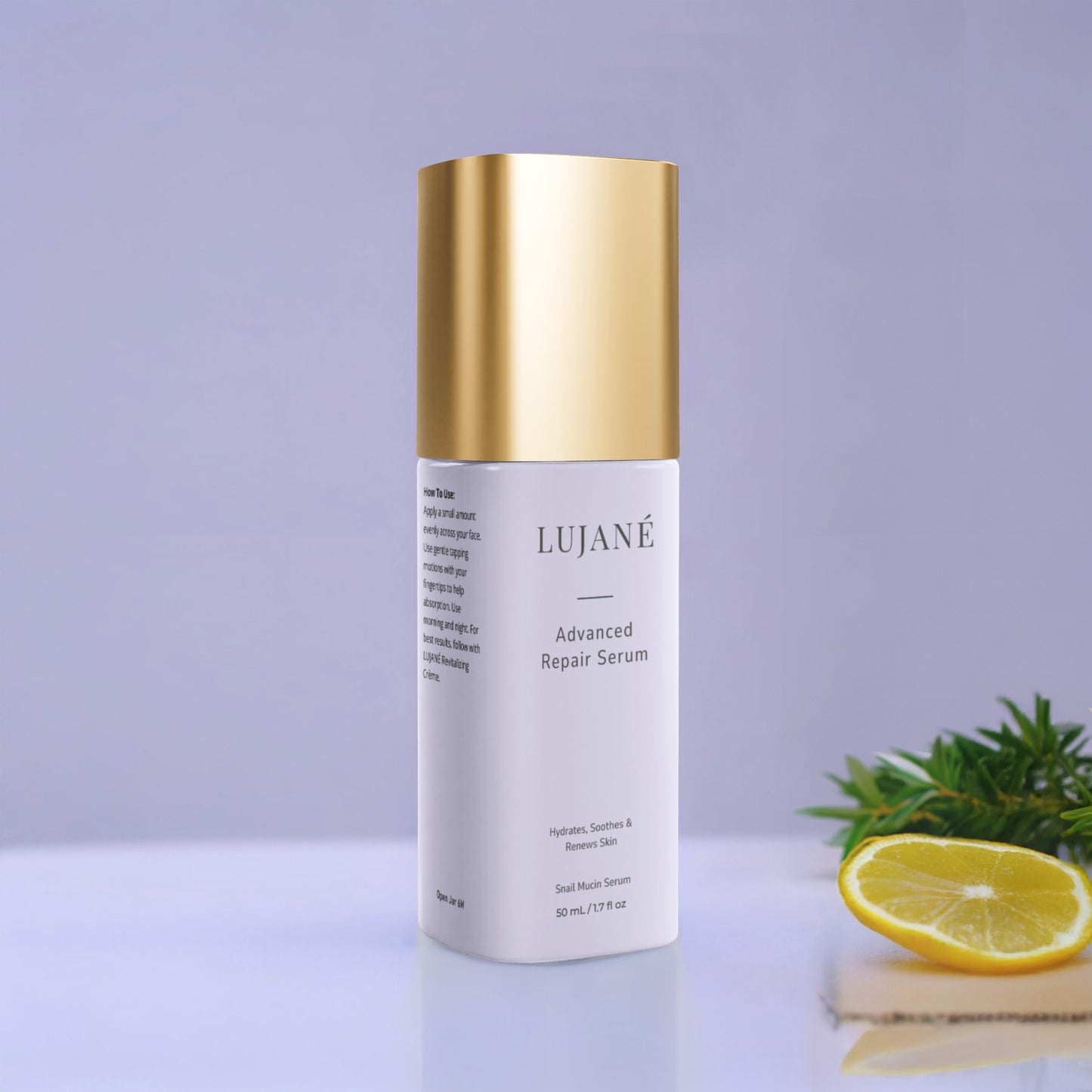 An artistic flat-lay of LUJANÉ botanical ingredients, featuring raw extracts and nourishing oils that work in synergy to support intensive skin renewal and hydration.