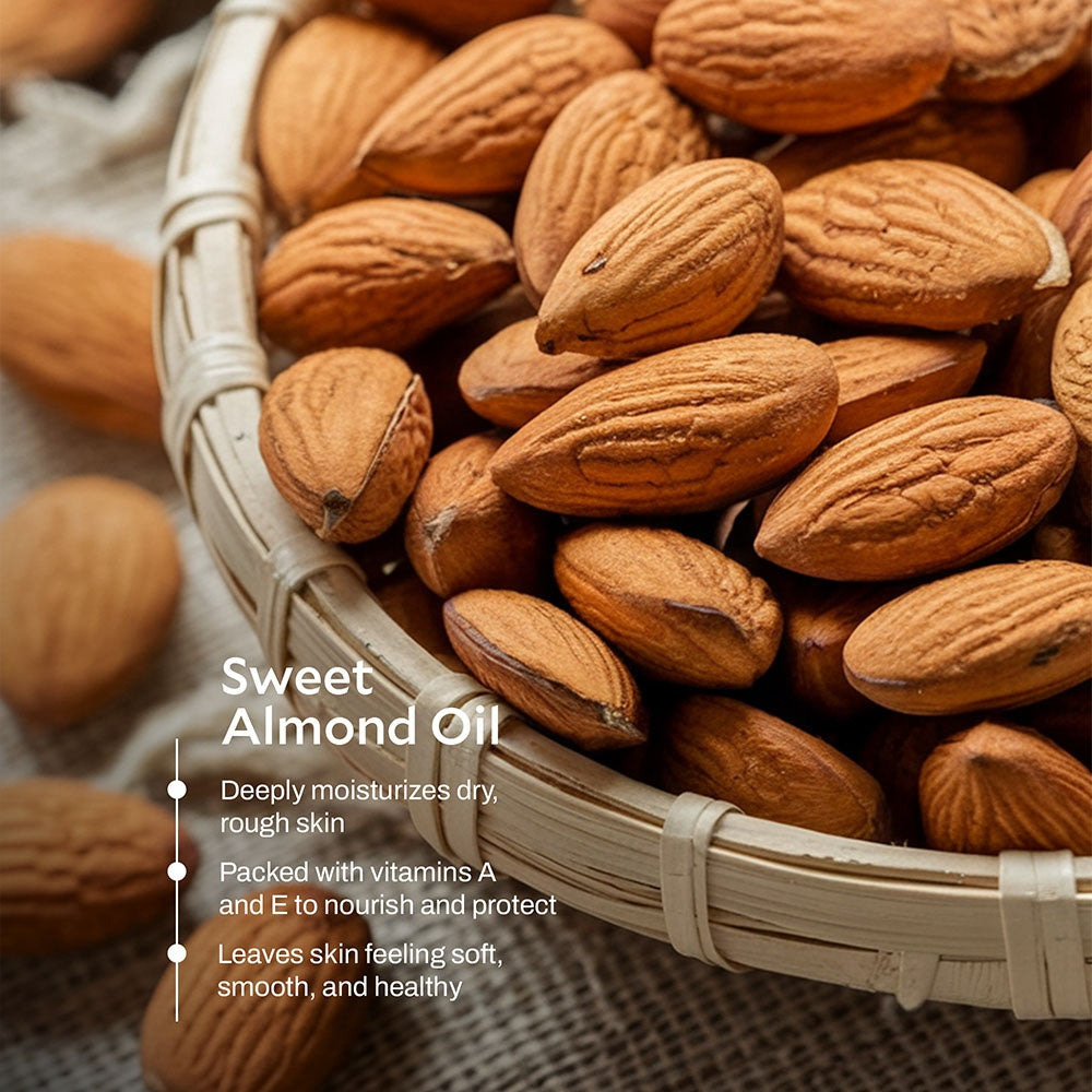 LUJANÉ Sweet Almond Oil: detailing its ability to deeply moisturize dry, rough skin with Vitamins A and E, providing essential nourishment and protection for soft, healthy skin.