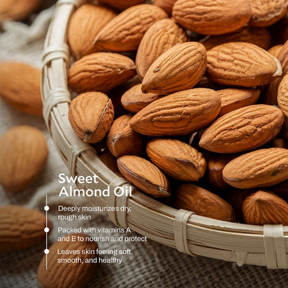 LUJANÉ Sweet Almond Oil: detailing its ability to deeply moisturize dry, rough skin with Vitamins A and E, providing essential nourishment and protection for soft, healthy skin.