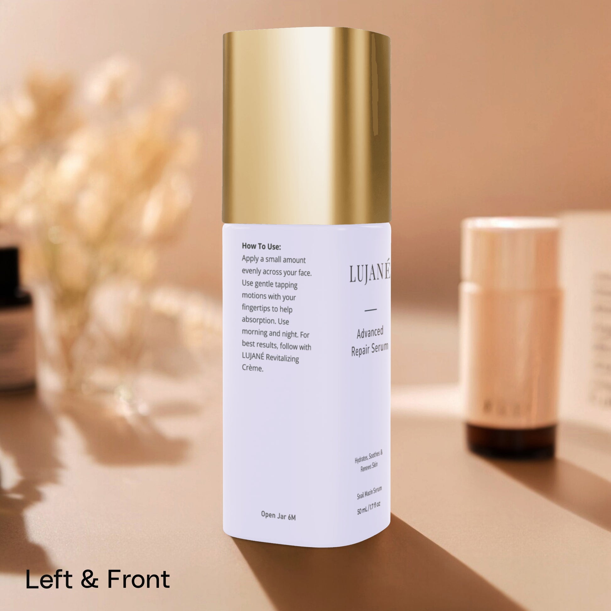 LUJANÉ botanical ingredients, featuring raw extracts and nourishing oils that work in synergy to support intensive skin renewal and hydration.
