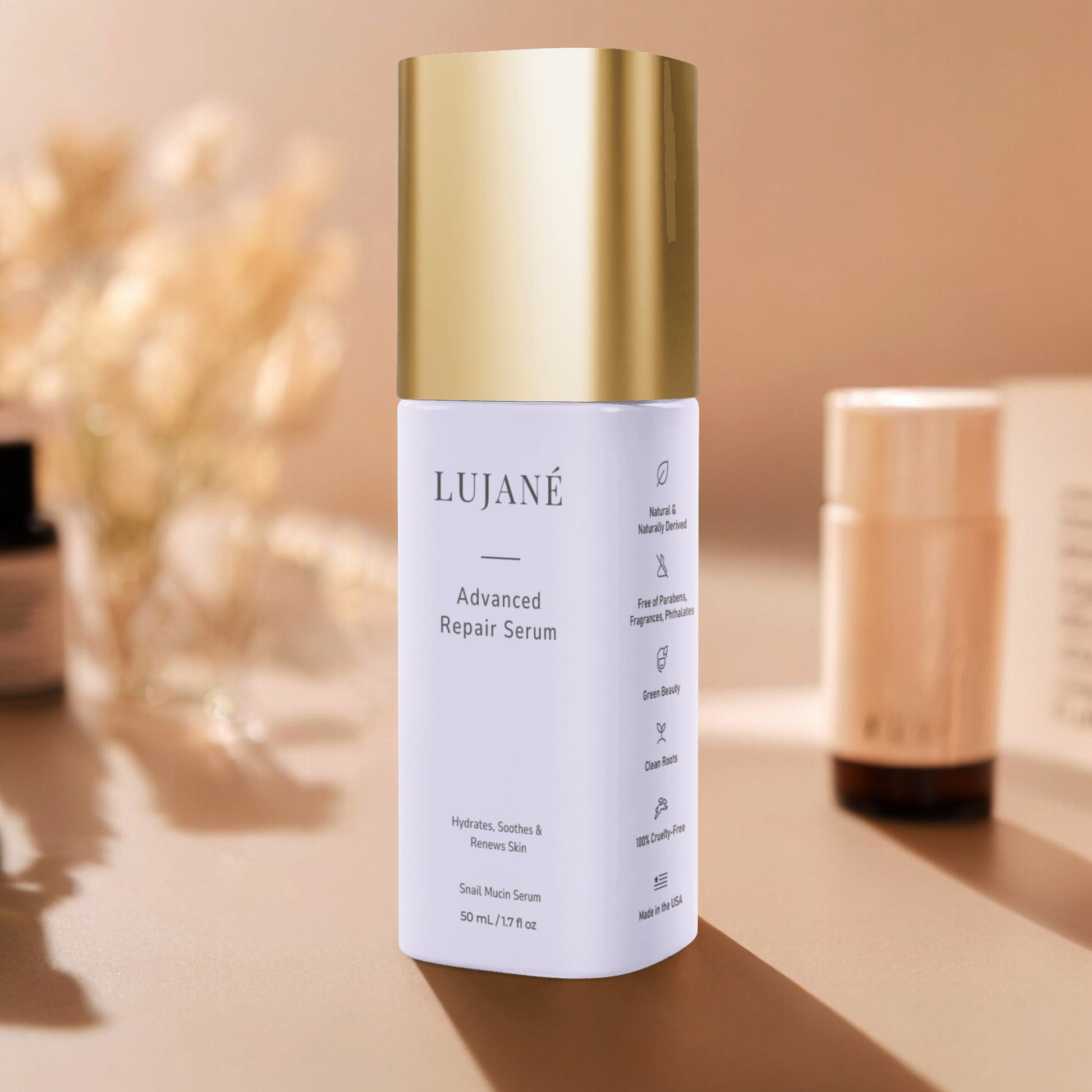 LUJANÉ Advanced Repair Serum in a premium lavender bottle with a gold cap; a potent snail mucin serum designed to hydrate, soothe, and renew skin for a healthy, revitalized complexion.