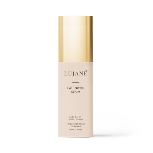LUJANÉ Eye Renewal Serum in a premium beige bottle with a gold cap, a brightening botanical treatment designed to visibly smooth, depuff, and brighten the delicate eye area.