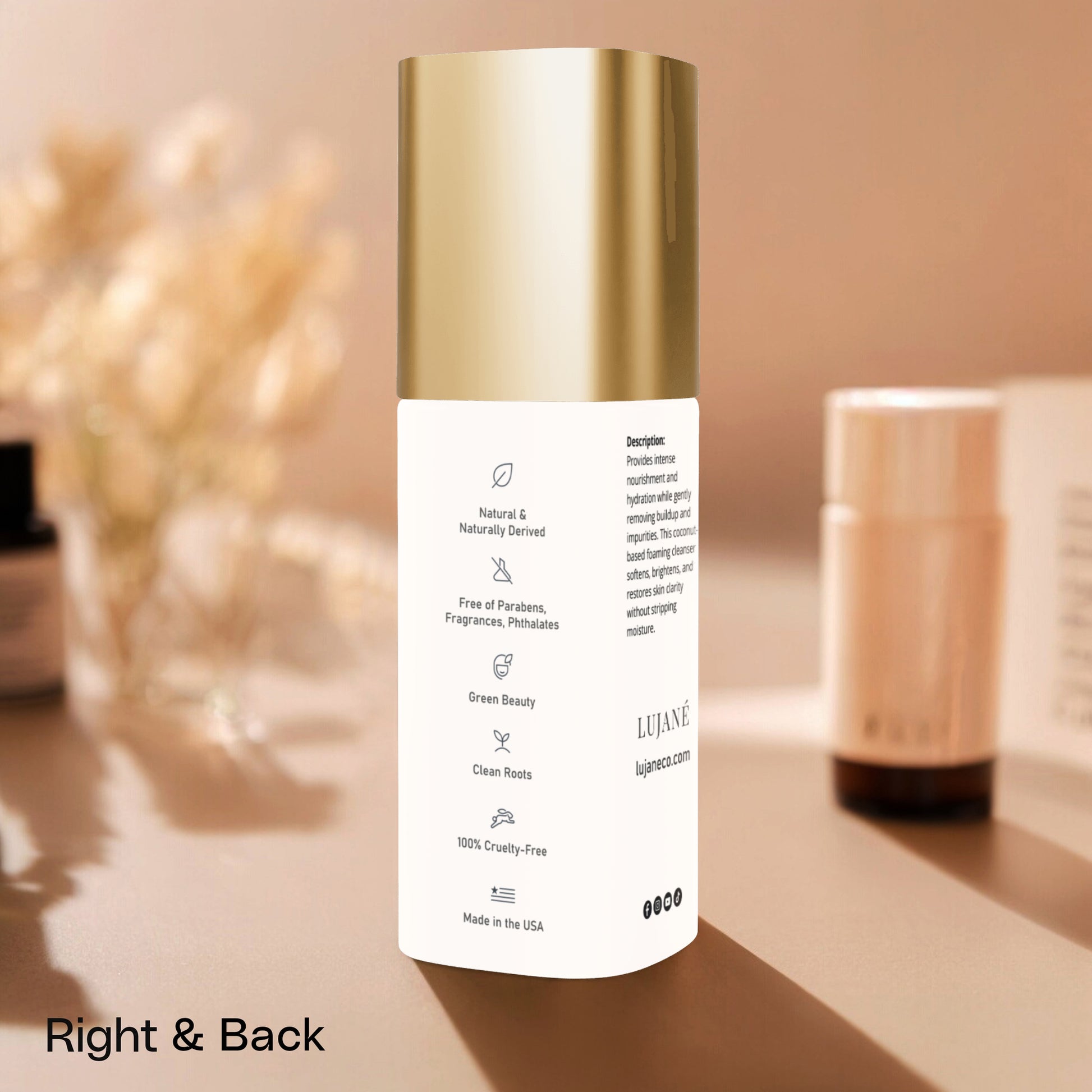 LUJANÉ Gentle Radiance Cleanser in a warm lifestyle setting; a daily foaming oil face wash formulated to provide lightweight nourishment and restore skin clarity for a glowing, silken complexion.