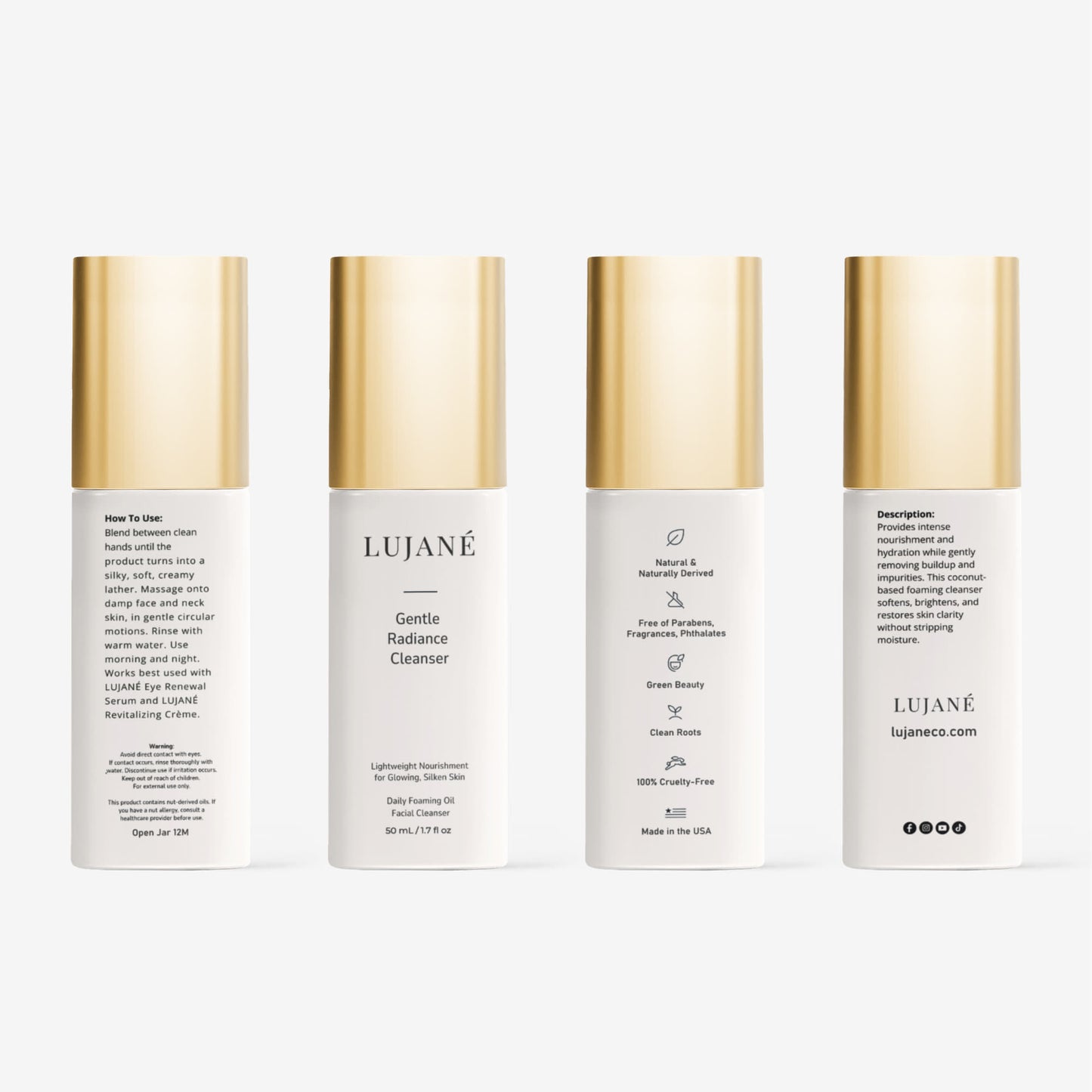 LUJANÉ Gentle Radiance Cleanser in a sleek white bottle with a gold cap, a foaming oil face wash designed to purify without stripping while revealing radiant skin clarity.