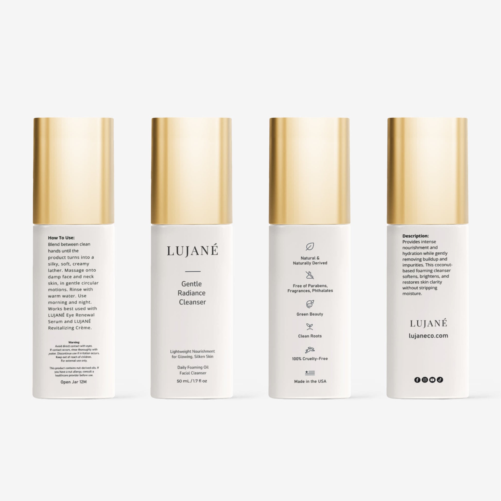 LUJANÉ Gentle Radiance Cleanser in a sleek white bottle with a gold cap, a foaming oil face wash designed to purify without stripping while revealing radiant skin clarity.