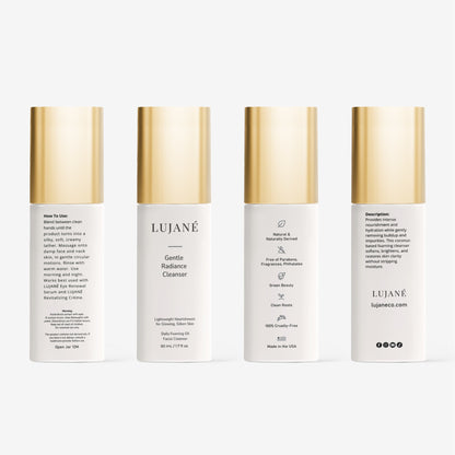 LUJANÉ Gentle Radiance Cleanser in a sleek white bottle with a gold cap, a foaming oil face wash designed to purify without stripping while revealing radiant skin clarity.