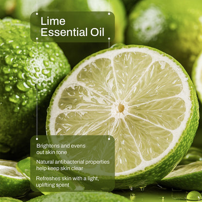 LUJANÉ Lime Essential Oil: highlighting its ability to brighten and even out skin tone, natural antibacterial properties to keep skin clear, and its light, uplifting scent.