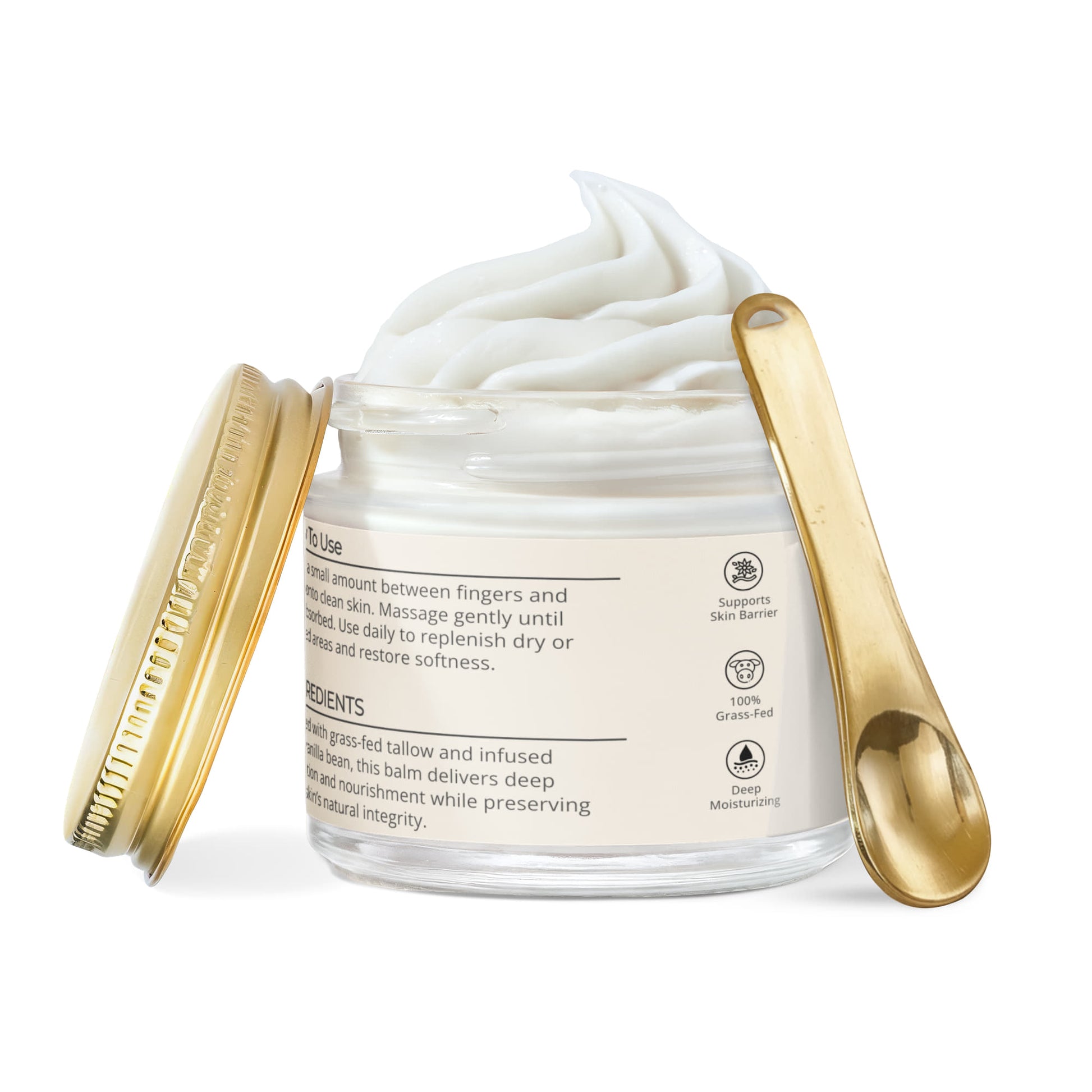 LUJANÉ Renewal Balm showing usage directions for skin replenishment and a clean ingredient list featuring grass-fed tallow and vanilla bean to support the skin barrier with deep moisturizing benefits.