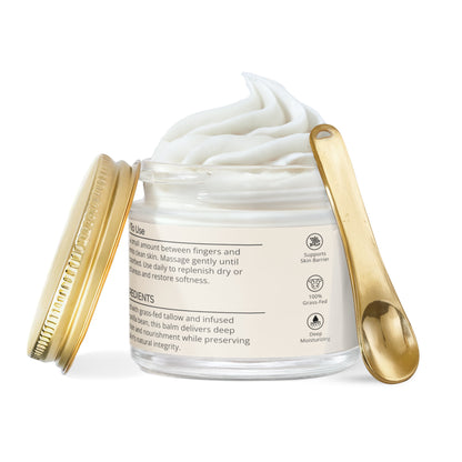 LUJANÉ Renewal Balm showing usage directions for skin replenishment and a clean ingredient list featuring grass-fed tallow and vanilla bean to support the skin barrier with deep moisturizing benefits.