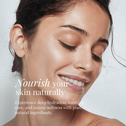 A woman with glowing, radiant skin demonstrating the natural results of LUJANÉ Renewal Balm, highlighting deep hydration, lasting softness, and soothing care from pure natural ingredients.