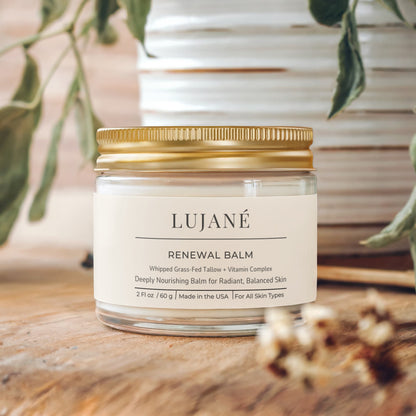 LUJANÉ Renewal Balm: A deeply nourishing whipped grass-fed tallow moisturizer designed to restore the skin barrier, provide intense hydration, and leave a radiant, balanced glow for all skin types.
