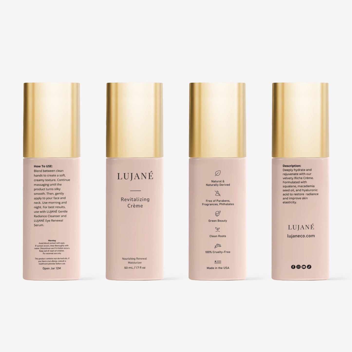 LUJANÉ Revitalizing Crème in a premium gold-capped bottle, a nourishing renewal moisturizer with squalane and hyaluronic acid designed to restore radiance and improve skin elasticity.